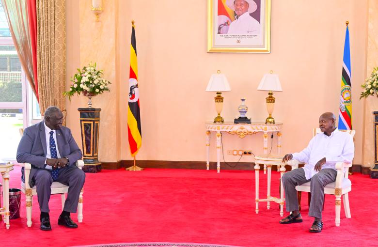 Sudan's Vice President Malik Agar meeting President Yoweri Museveni at State House Entebbe on Thursday. PPU Photo